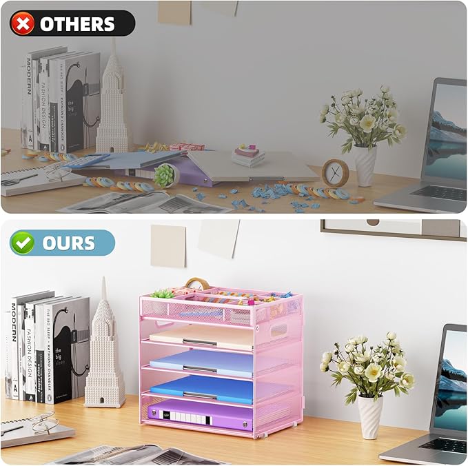 Marbrasse 5-Tier Letter Tray Paper Organizer with Handle, Multi-Functional Mesh File Organizer for Desk, Adjustable Compartments Mesh Desktop Storage for Office Supplies, Pink-DeskLoop Office