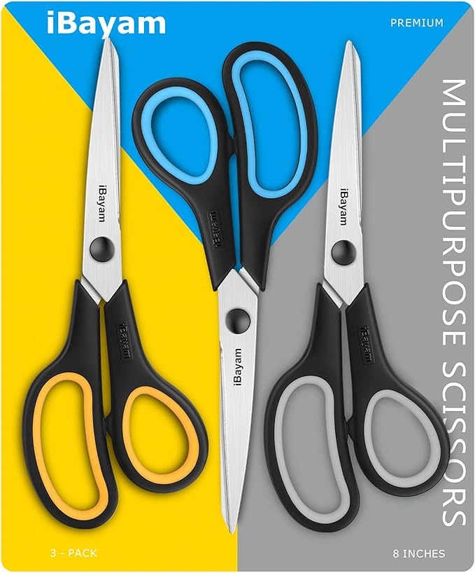 Scissors All Purpose, iBayam 8" Heavy Duty Scissors Bulk 3-Pack, 2.5mm Thickness Ultra Sharp Blade Shears with Comfort-Grip Handles for Office Home School Sewing Fabric Craft Supplies, Right/Left Hand-DeskLoop Office