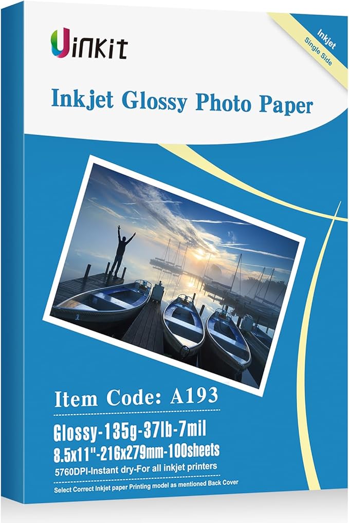 Uinkit 37lb Thin Flyer Paper Glossy 8.5x11 Inkjet 100 Sheets Single Side DIY Chip Bag 135gsm Printer Picture for Inkjet Printer with Dye Ink Letter size A4 Brochure (8.5X11X100)-DeskLoop Office