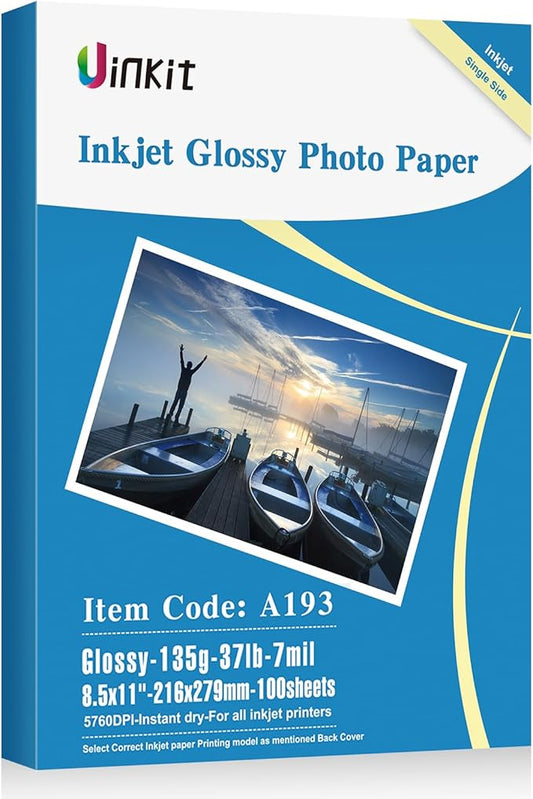 Uinkit 37lb Thin Flyer Paper Glossy 8.5x11 Inkjet 100 Sheets Single Side DIY Chip Bag 135gsm Printer Picture for Inkjet Printer with Dye Ink Letter size A4 Brochure (8.5X11X100)-DeskLoop Office