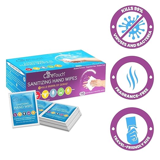 Care Touch Hand Sanitizer Wipes - 110 Hand Wipes Individually Wrapped - Travel Size - Sanitizing Wet Wipes for Home, Office & Outdoor Use-DeskLoop Office