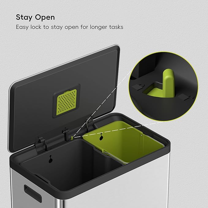 EKO EcoCasa II 36L+24L Dual Trash Can with Recycle Bin, Stainless Steel Garbage Can with Lid, Deodorizer Compartment, Odor-Proof and Fingerprint Resistant-DeskLoop Office