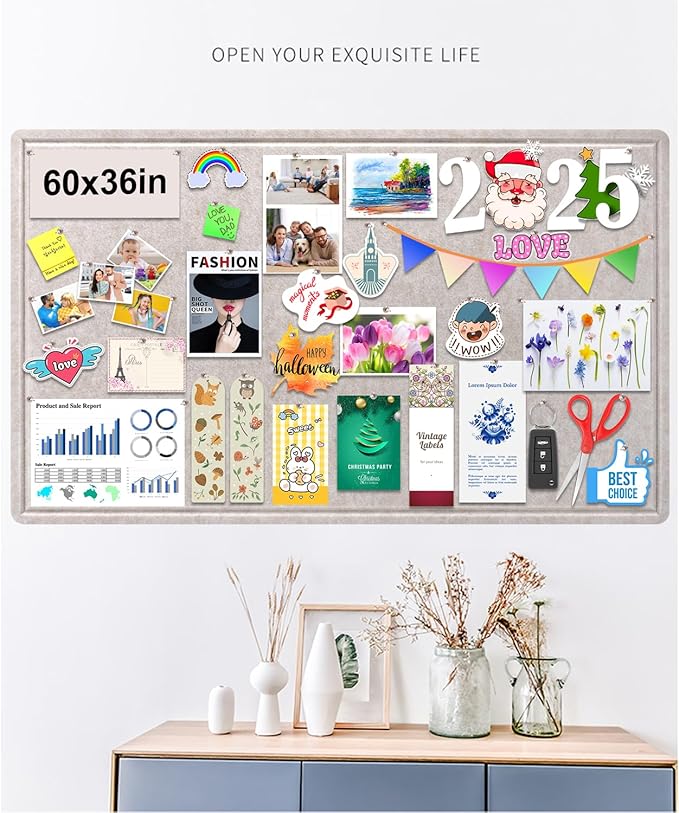 Large Bulletin Board, Foldable 60x36 Inches Cork Board Alternative, Large Felt Board Decorative Pin Board for Wall, Foldable Photo Board Self-Adhesive Vision Board with 36 Pushpins Light Khaki