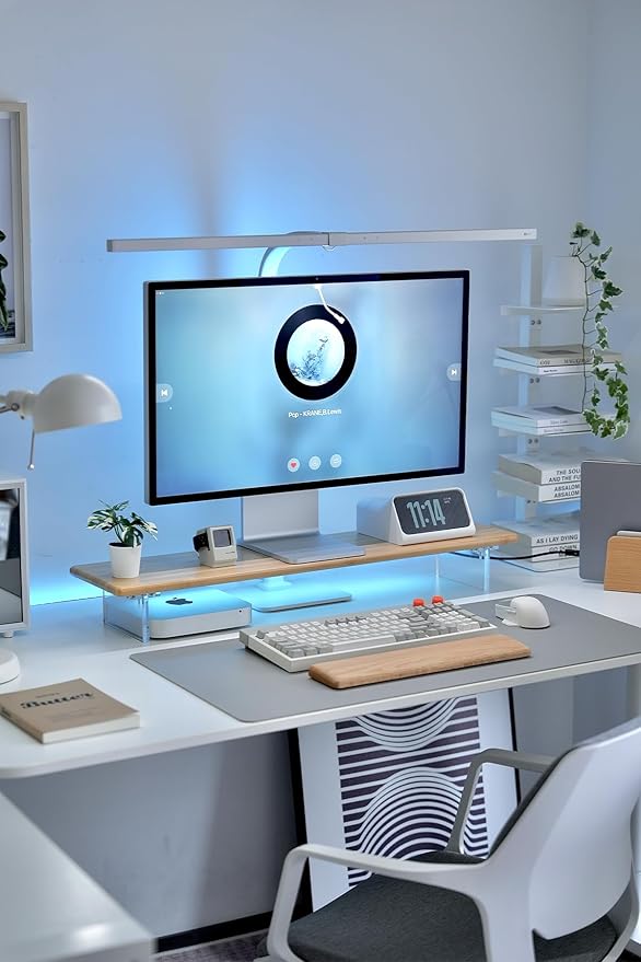 Bamboo Monitor Stand Riser with RGB Lights,31.5 Inches Desktop Shelf with Acrylic Legs Supports for Desk, PC Computer Monitor, Laptops, Printer, Speakers (Natural)-DeskLoop Office