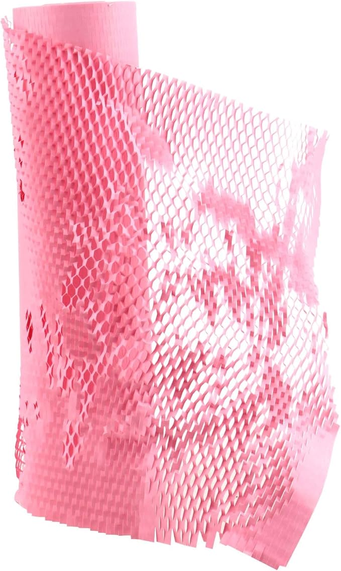 JAPCHET 15 In x 164 Ft Pink Honeycomb Packing Paper, Honeycomb Paper with Sticker Labels and 10 m Rope Honeycomb Wrap Roll for Packaging and Shipping-DeskLoop Office