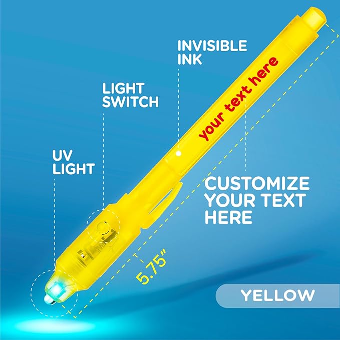 Personalized Invisible Disappearing Ink Pen Marker Pack, Custom Secret Spy Message Writer with UV Light, Fun for Kids Party Favors Gifts and Stock Stuffers, 12 Pack, Yellow-DeskLoop Office