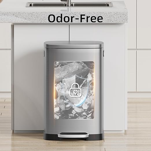 KUK 13 Gallon/50L Stainless Steel Kitchen Trash Can with Lid and Step Pedal-Large Capacity Garbage Bin with Odor Seal, Silent Close Lid, Removable Inner Bucket, Titanium Silver-DeskLoop Office
