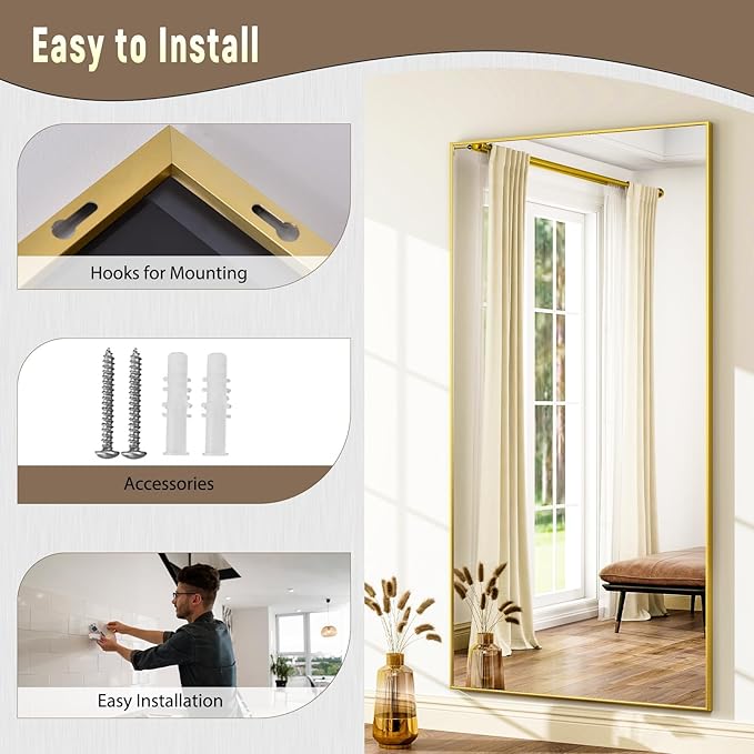 GLSLAND 76"x34" Full Length Mirror Extra Large Hanging or Leaning Rectangle Mirror Aluminum Alloy Thin Frame Bedroom Floor Dressing,Gold-DeskLoop Office