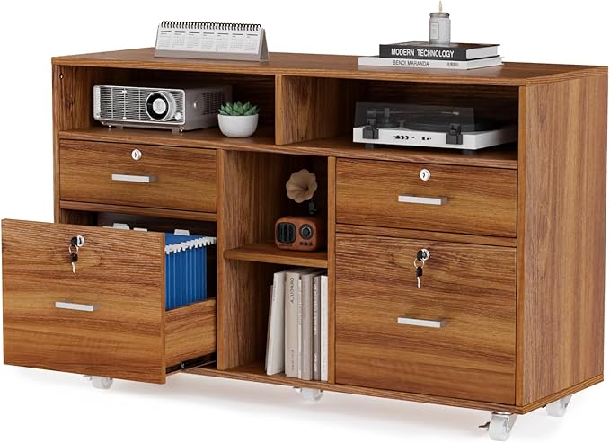 VINGLI Wide 4 Drawer Lockable Rolling File Cabinet with Open Shelves - Walnut Wood Lateral File Cabinet Printer Stand for Home Office, Letter Sized-DeskLoop Office