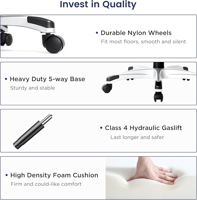 Nouhaus Ergonomic Office Chair Premium Microfiber Leather Adjustable Lumbar Support & Armrests, High Back Comfy Desk Gaming Chairs Executive Computer Swivel Chair Tilt Function(Posture,White)-DeskLoop Office