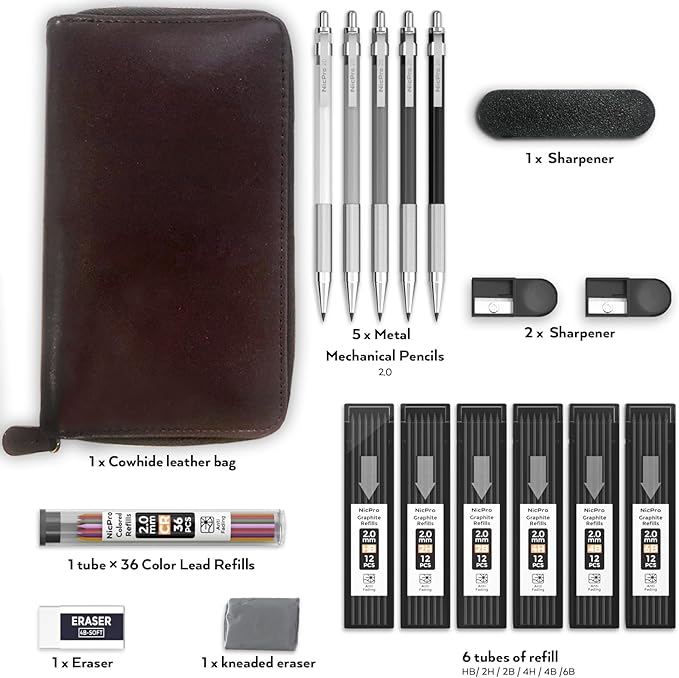 Nicpro 17PCS Metal 2mm Mechanical Pencil Set in Leather Case, 5 PCS 2.0 mm Lead Pencil Holders (4B 2B HB 2H 4H) 6 Tube Black Colored Lead Refills, Erasers, Sharpener For Art Drafting Sketching Drawing-DeskLoop Office