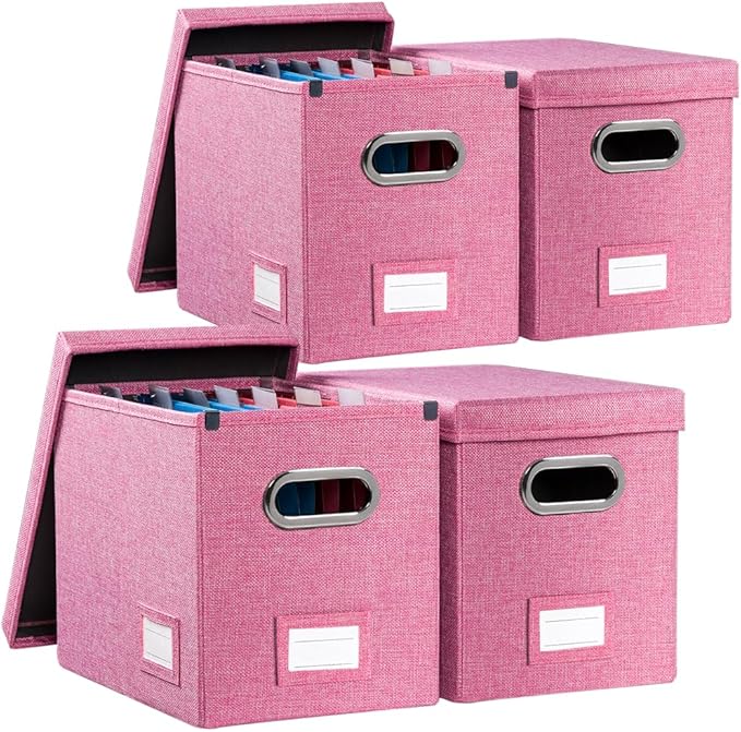 PRANDOM File Organizer Box - Set of 4 Collapsible Decorative Linen Filing Storage Hanging File Folders with Lids Office Cabinet Letter Size Pink (14x9.3x10.8 inch)-DeskLoop Office