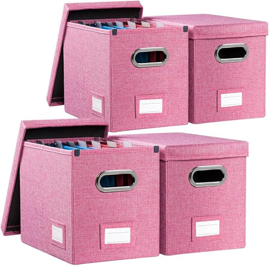 PRANDOM File Organizer Box - Set of 4 Collapsible Decorative Linen Filing Storage Hanging File Folders with Lids Office Cabinet Letter Size Pink (14x9.3x10.8 inch)-DeskLoop Office