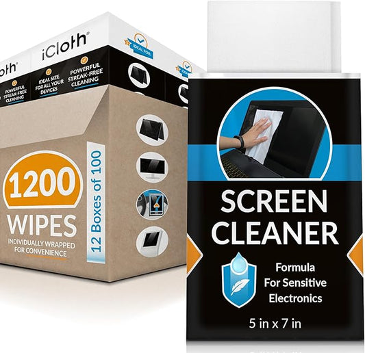 iCloth Large Screen Cleaning Wipes for Electronics, Lint-Free and Streak-Free, Fast-Drying, Removes Dust, Fingerprints, and Smudges (1200 Wipes)-DeskLoop Office