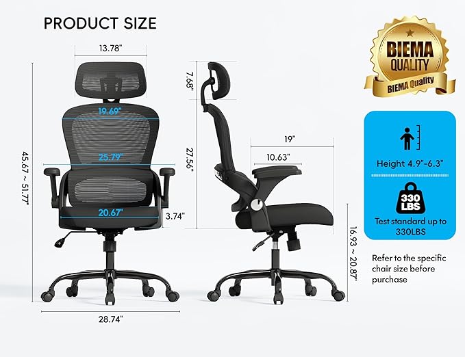TRALT Office Chair - Ergonomic Office Chair with Back Support, Computer Chair - Home Office Desk Chairs, 330lbs Wide Seat Big and Tall Office Chairs with Headrest, Comfy Desk Chairs (Black)-DeskLoop Office