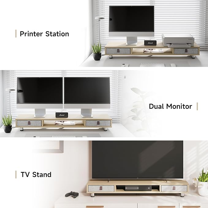 Fenge Monitor Stand, Dual Monitor Stand with 2 Drawers, Monitor Riser for 2 Monitors, Adjustable Height Computer Stand, Office Monitor Stands for Desk, Laptop, PC, TV, Printer-DeskLoop Office