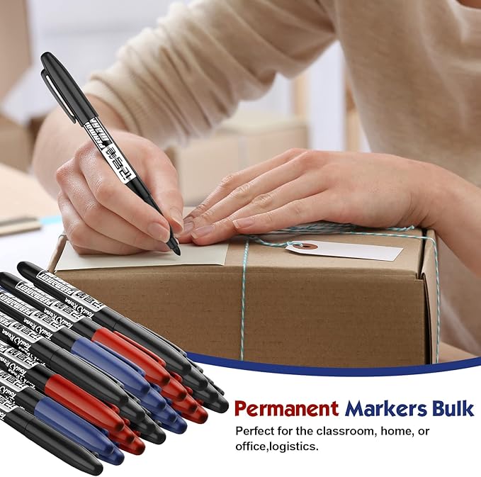 Thenshop 300 Pack Permanent Markers Bulk First Day of School Back to School Supplies Fine Point Waterproof Marker Works on Plastic, Wood, Stone, Metal, Glass for Office Classroom(Black, Red, Blue)-DeskLoop Office