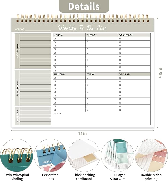 Weekly To Do List Notepad, 52 Undated Sheets (8.5"×11") Duplex-printed Daily Planner For Work Home School Office Desk Accessories Supplies & Goal Setting Tasks - Beige-DeskLoop Office