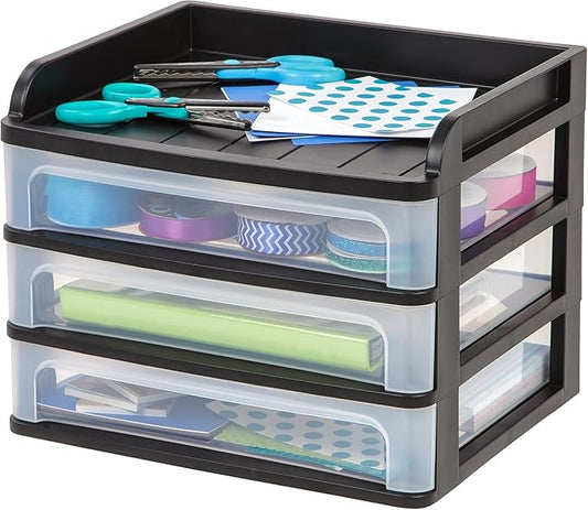 IRIS USA Plastic Desk Top 3-Drawer Storage Organizer with Paper Tray Top, 1-Pack, for Makeup Vanity Nail Polish Bathroom Stationery Art Craft Supplies Kitchen Office Garage Organization, Medium, Black-DeskLoop Office