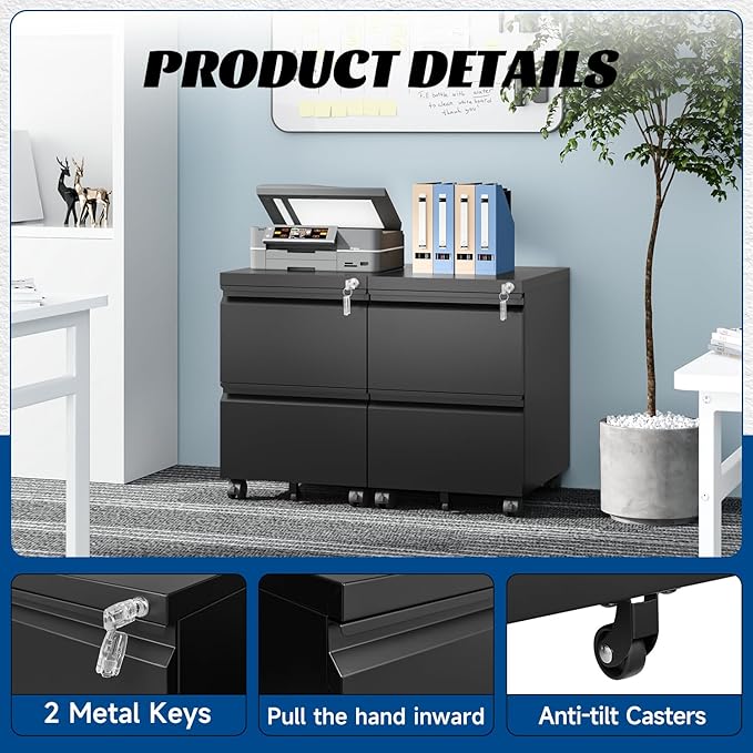 2 Drawers Vertical File Cabinet - Fully Assembled Black Under Desk Mobile Filling Cabinet Small Lockable Home Office File Cabinets for A4/Letter/Legal Size-DeskLoop Office