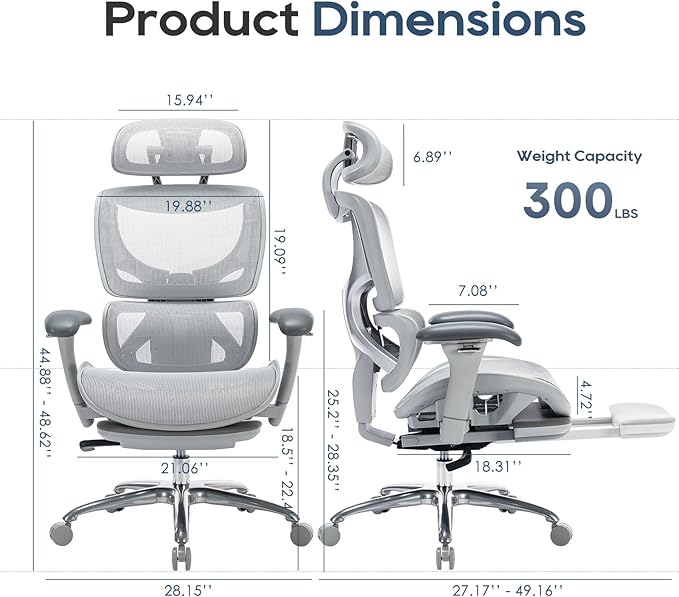 COLAMY Ergonomic Mesh Office Chair, Ergonomic Desk Chair with Footrest, Executive High Back Computer Desk Chair with Lumbar Support, Headrest and Adjustable 3D Arms, Tilt Lock and Lumbar Support-Grey-DeskLoop Office