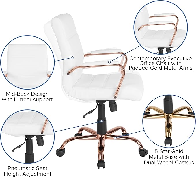 Flash Furniture Whitney Mid-Back Swivel LeatherSoft Desk Chair with Padded Seat and Armrests, Adjustable Height Padded LeatherSoft Office Chair, White/Rose Gold-DeskLoop Office