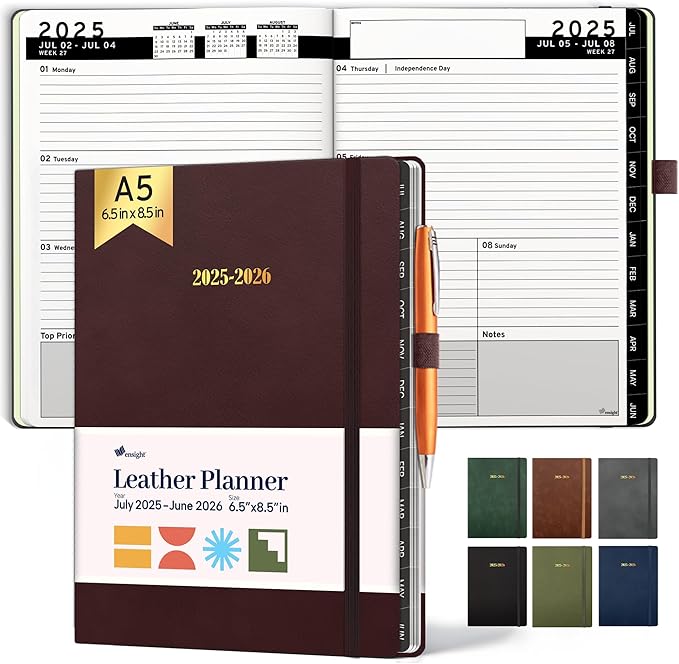Ensight 2025-2026 HARDCOVER Leather Planner Weekly & Monthly - 6.5x8.5 Inches - Academic Planner Business Personal or Student - Pen Holder, Thick Paper, July 2025 - June 2026 (Red)-DeskLoop Office