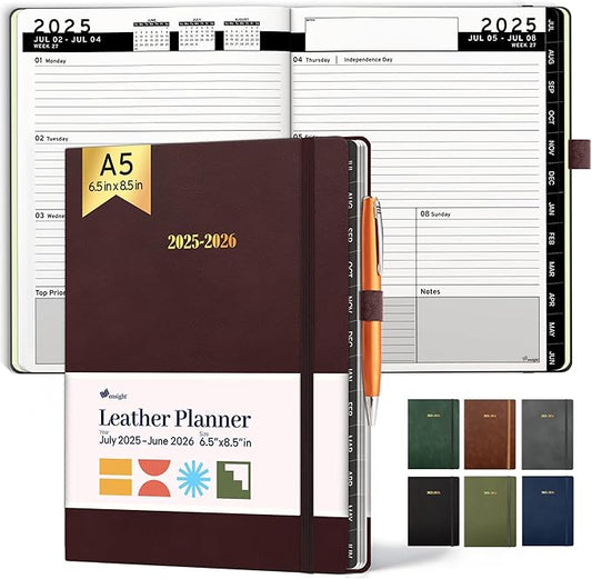 Ensight 2025-2026 HARDCOVER Leather Planner Weekly & Monthly - 6.5x8.5 Inches - Academic Planner Business Personal or Student - Pen Holder, Thick Paper, July 2025 - June 2026 (Red)-DeskLoop Office