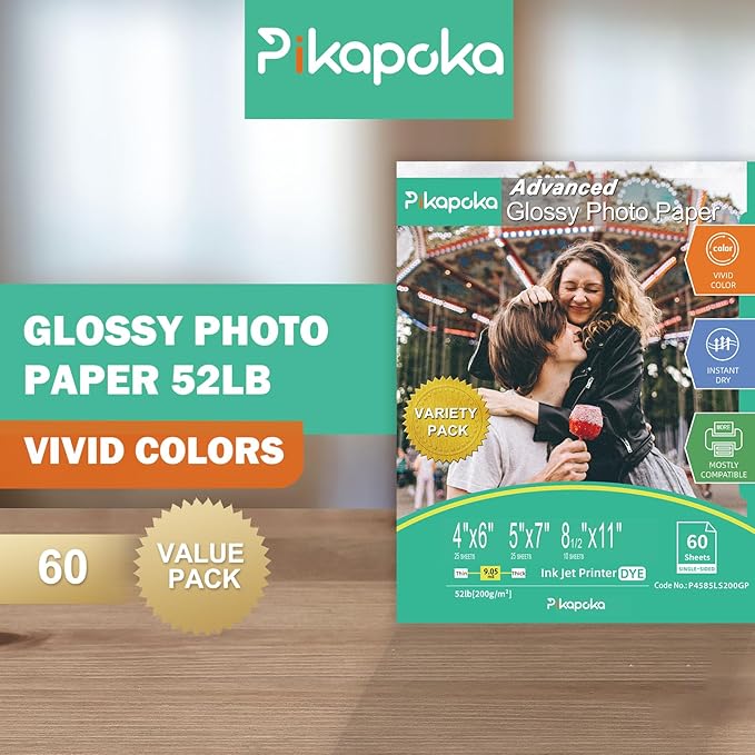 Glossy Photo Paper 4x6, 5x7, 8.5x11, 60 Variety Pack Bulk, Assorted Sizes, Inkjet printer, 52lb/200gsm-DeskLoop Office
