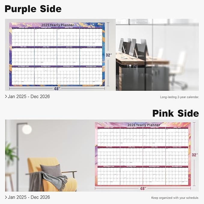 Ospelelf Large Dry Erase Wall Calendar 2025-2026 - 32'' x 48'' Yearly Laminated Calendar Monthly Family Calendar for Office, Use Jan 2025 - Dec 2026 (Marble)-DeskLoop Office