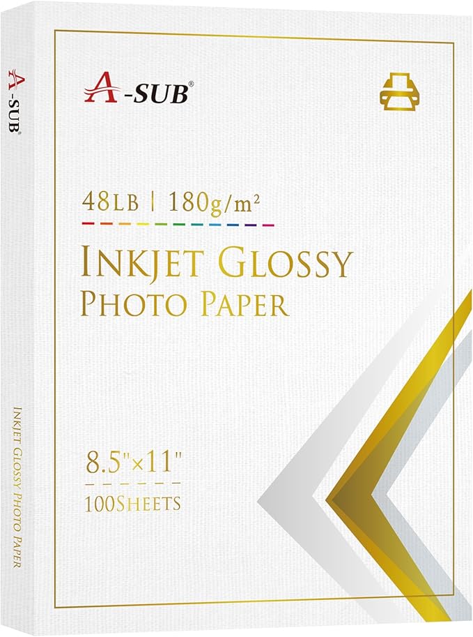 A-SUB Inkjet Glossy Photo Paper 8.5X11 Inches 48lb 180gsm Professional Glossy Photographic Paper for Inkjet Printers Dye Ink 100 Sheets-DeskLoop Office