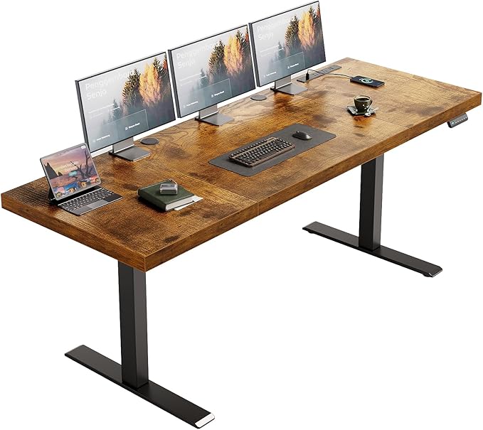 OffiGo Electric Standing Desk with 3-Piece Board, 71 Inch Height Adjustable Large Desk with Power Outlets, Sit Stand Table, Writing Computer Desk for Home, Office, Workstation, Rustic Brown-DeskLoop Office