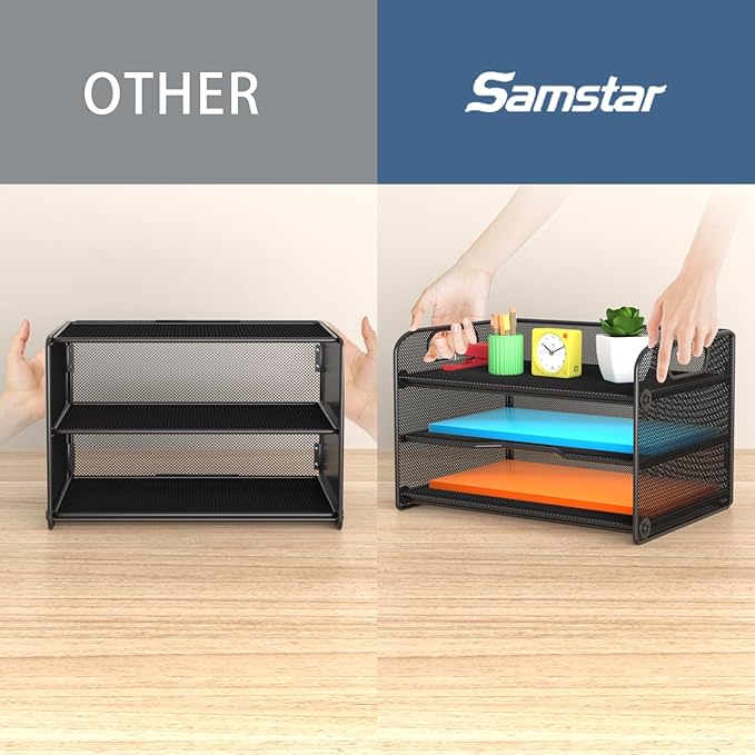Samstar 3 Tier Letter Tray Paper Organizer with Handle, Mesh Desk Organizer Paper Sorter File Rack Shelves, Black-DeskLoop Office