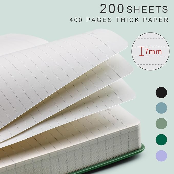 EMSHOI A5 College Ruled Notebook Journal- 400 Pages (200 sheets), 7mm Spacing & Vegan Leather Cover for Work, School, Bible Study, Bullet Journaling- with Sticky Notes, Pocket & Pen Holder- Dark Green-DeskLoop Office