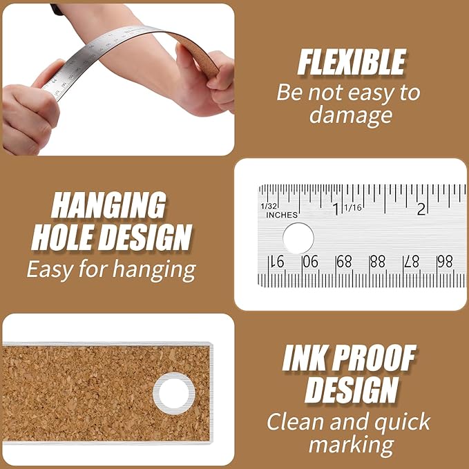 2PCS 24 Inch Metal Ruler, Stainless Steel Straight Edge Ruler with Cork Backing, Non-Slip Imperial & Metric Measuring Tool for School, Office, Woodworking, Drafting-DeskLoop Office