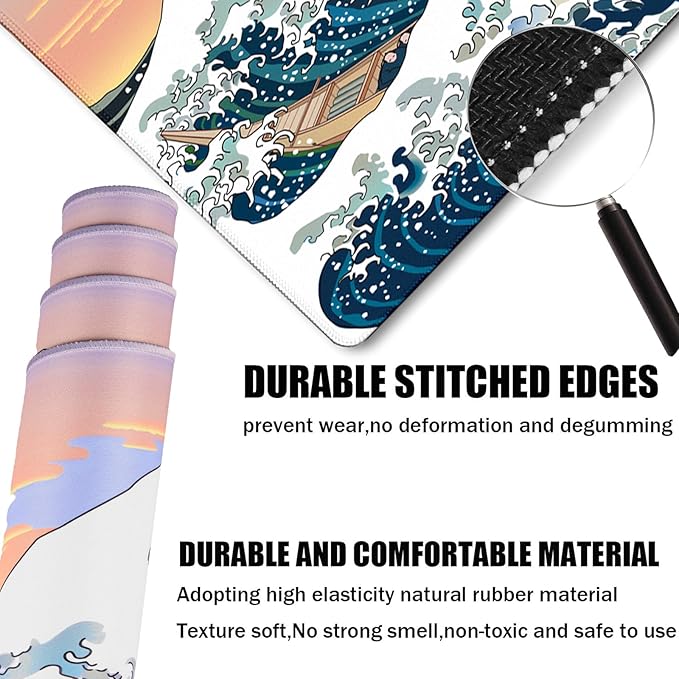 Japanese Large Mouse Pad,Desk Mat Large Office Desk Pad, Extended Large Mouse Mat for PC, Stitched Edges Gamer Mousepad 31.5 X 15.7 Inch Long Mice Pad, Sunset Sea