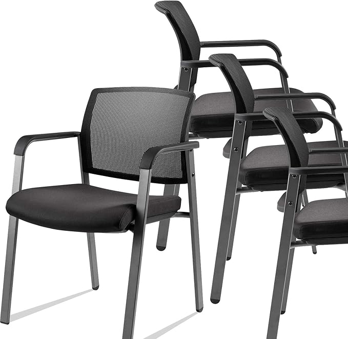 CLATINA Mesh Back Stacking Arm Chairs with Upholstered Fabric Seat and Ergonomic Lumber Support for Office School Church Guest Reception Black 4 Pack Set New Version-DeskLoop Office