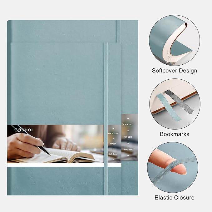 EMSHOI A4 College Ruled Notebook Journal- 400 Pages (200 sheets), 7mm Spacing & Vegan Leather Cover for Work, School, Bible Study, Bullet Journaling- with Sticky Notes, Pocket & Pen Holder - GrayBlue-DeskLoop Office