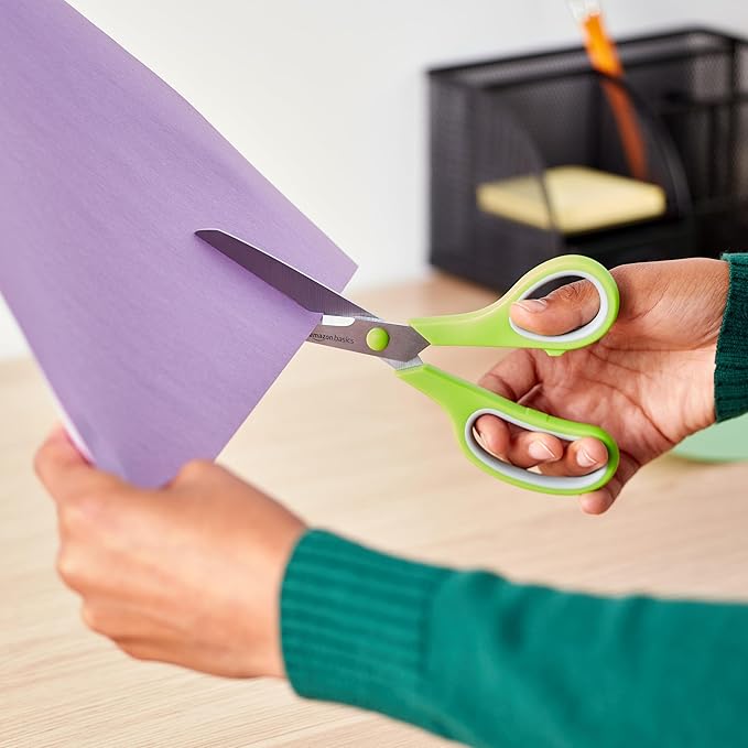 Amazon Basics Stainless Steel Scissors for Office, Crafts, Multipurpose, Sharp, Comfort Grip, PVD Coated, 2 Pack, Green and Grey-DeskLoop Office