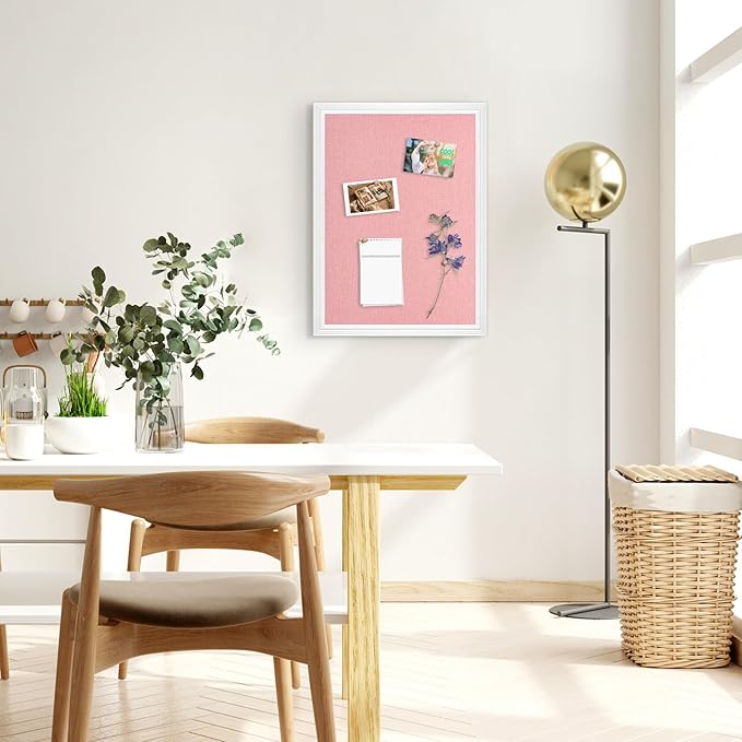 Large Pink Cork Board with Linen, 24" x 18" Hanging Wood Framed Bulletin Board, Picture Display Vision Board Corkboards for Wall Room School Office Decor, 10 Pushpins, 1 Pack
