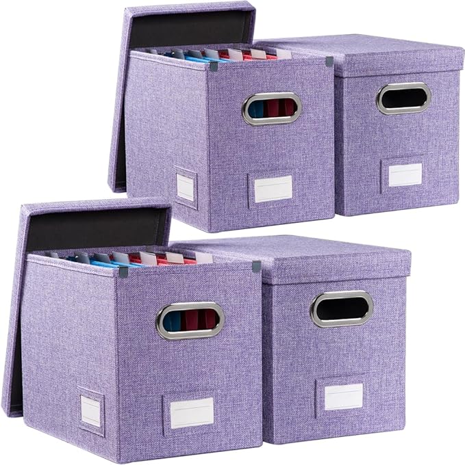 PRANDOM File Organizer Box - Set of 4 Collapsible Decorative Linen Filing Storage Hanging File Folders with Lids Office Cabinet Letter Size Purple (14x9.3x10.8 inch)-DeskLoop Office