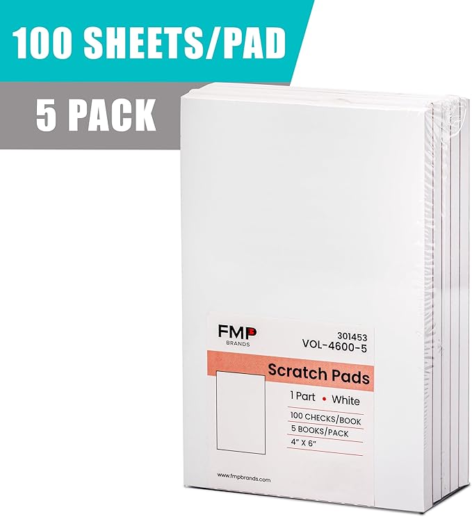 FMP Brands 5 Pack Note Pads 4x6, 100 Sheets Per Memo Pad, Writing Scratch Pad, Blank Notepad, White Waitress Server Note Pads, Paper Pad, To Do Grocery List Small Notepads-DeskLoop Office