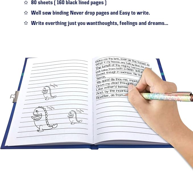 Boys Diary with Lock for Kids, 7x5.25 Inches 160 Lined Pages Secret Blue Dinosaur Notebook for Kids Journal with Lock for Boys Pre School Writing Drawing Cute Kids Gifts for Birthday-DeskLoop Office