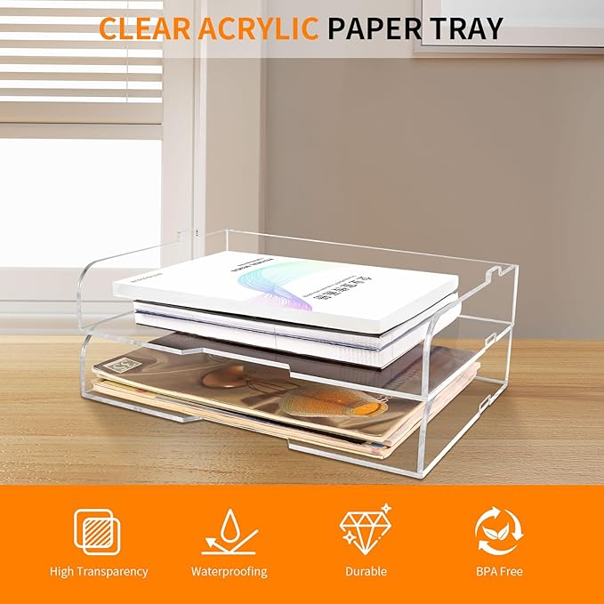 2 Pack- Stackable Paper Letter Tray,Clear Acrylic Magazine Holder and File Organizer - Sleek Desk Organizer for Home Office, Bookshelf, or Workspace - Space-Saving Transparent Document Holder-DeskLoop Office