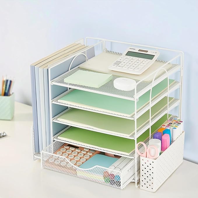 Desk Organizer with Drawer and Pen Holder, 5-Tier Paper Letter Tray Organizer with File Holder, Suitable for Workspace Organizer Office Supplies Storage (White)-DeskLoop Office