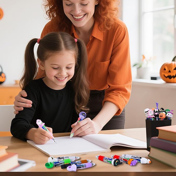 LiYiQ 50 Pcs Halloween Colorful Multicolor Pen in One Cartoon Cute Fun 4-in-1 Cute Pens Bulk Kawaii Pumpkin Ghost Bat Shape Cool Ballpoint Pens for Kids Fun Gifts-DeskLoop Office