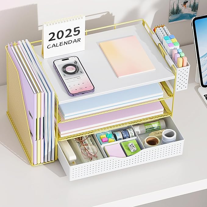 Wood Desk Organizers and Accessories with File Holder, 4-Tier Desk Accessories & Workspace Organizers with Drawer and Pen Holder, Paper Organizer for Office Supplies (Gold)-DeskLoop Office