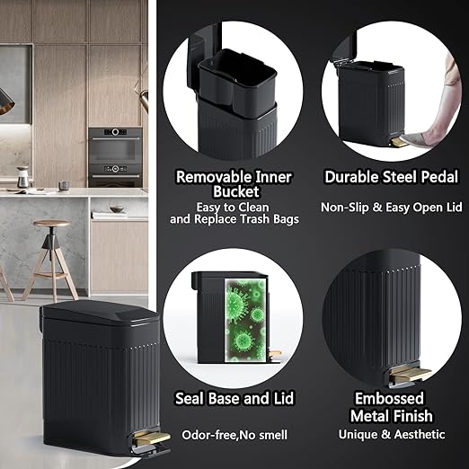 Small Bathroom Trash Can with Lid Soft Close-6L/1.6 Gal Slim Step Garbage Can-Metal Pedal Wastebasket-Narrow Rectangle Garbage Container Bin for Corner Office, Bedroom, Toilet, Live Room-Black-DeskLoop Office