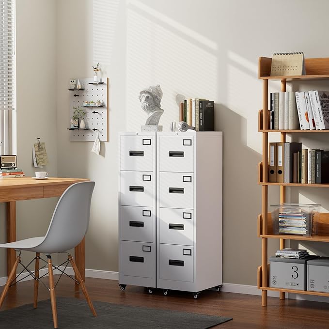Aobabo 56" H 4 Drawer Moblie Office File Cabinet with Lock, Rolling Metal Filing Storage Cabinet, Legal/Letter A4 Size, White, Assembly Required-DeskLoop Office