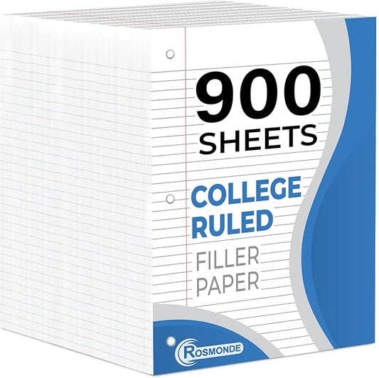 6 Pack Loose Leaf Paper, 900 Sheets, College Ruled, 8" x 10.5", 56 gsm Bulk Office Filler Paper, 150 Sheets/Pack, 3 Hole Punched, College Ruled Paper for 3 Ring Binder, Notebook Paper, White-DeskLoop Office
